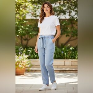 Talbots Wide Leg Belted Pants Women’s Petites 10P Blue Linen Coastal Chic Preppy